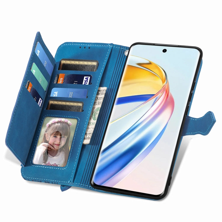For Honor X9b Embossed Flower Zipper Leather Phone Case(Blue)