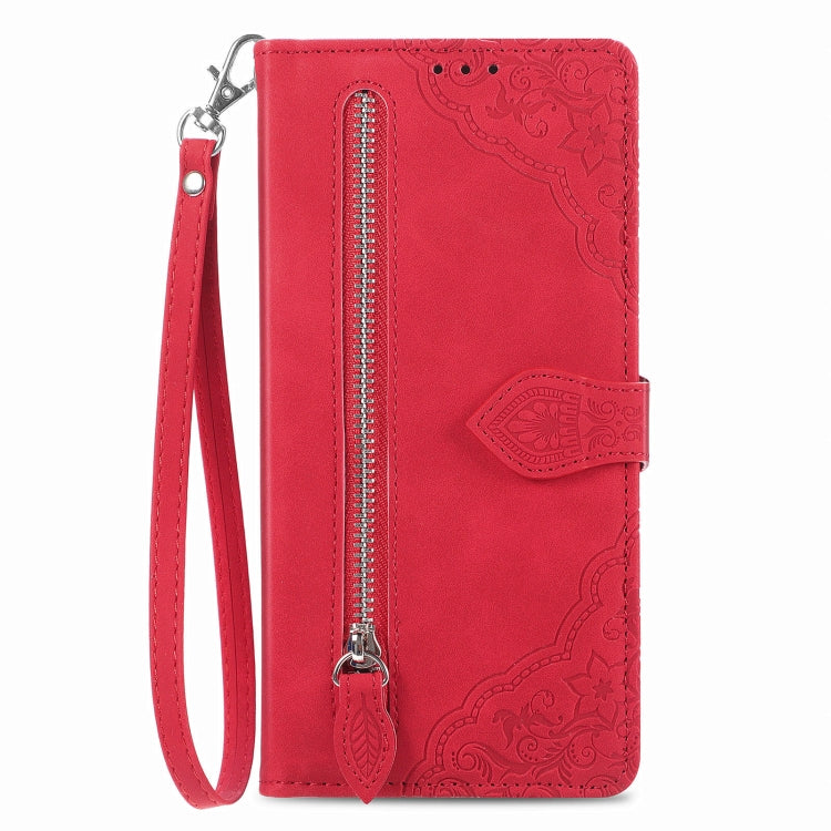 For Honor X9b Embossed Flower Zipper Leather Phone Case(Red)