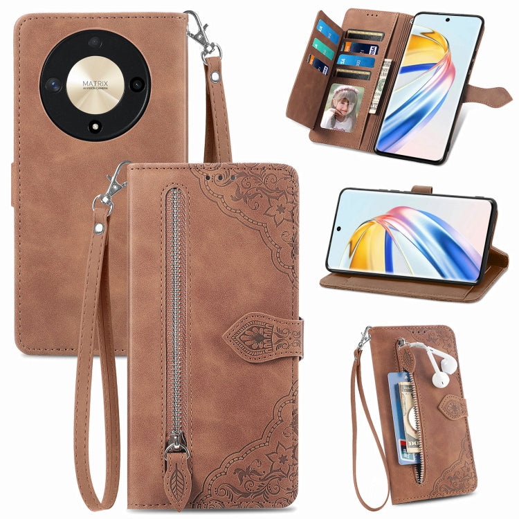 For Honor X9b Embossed Flower Zipper Leather Phone Case(Brown)