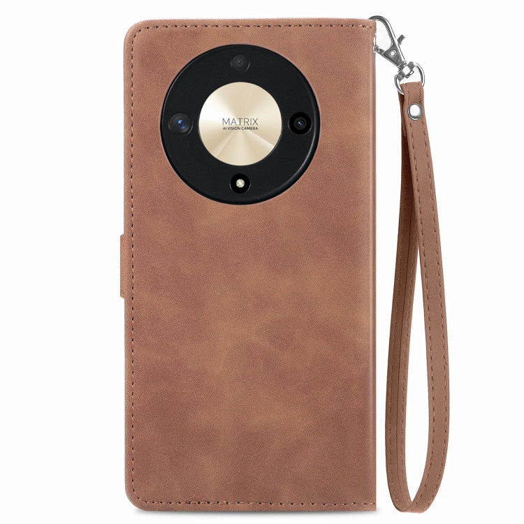 For Honor X9b Embossed Flower Zipper Leather Phone Case(Brown)