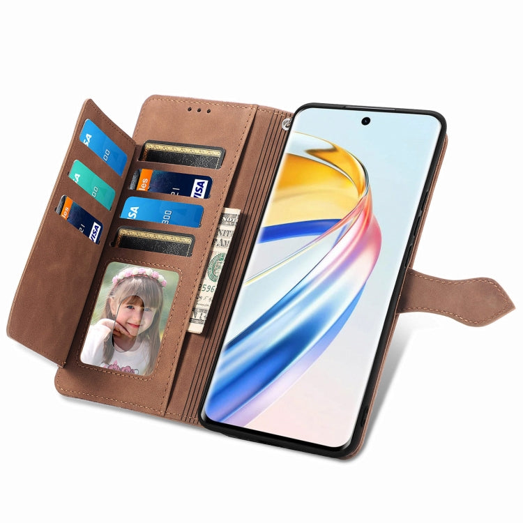 For Honor X9b Embossed Flower Zipper Leather Phone Case(Brown)