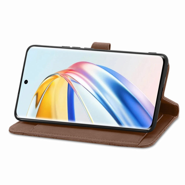 For Honor X9b Embossed Flower Zipper Leather Phone Case(Brown)