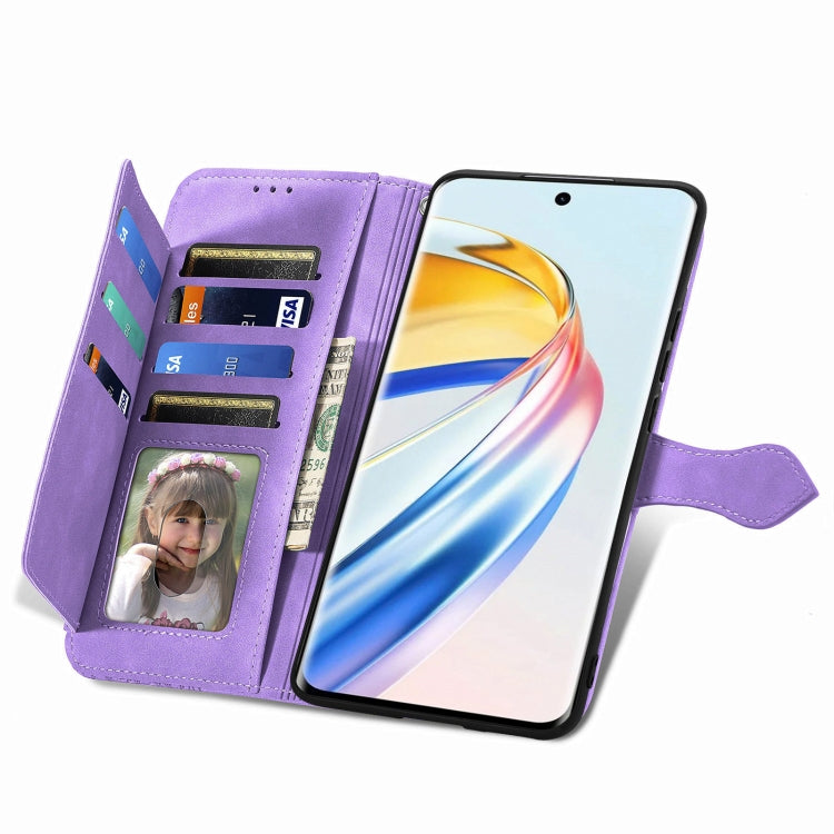 For Honor X9b Embossed Flower Zipper Leather Phone Case(Purple)