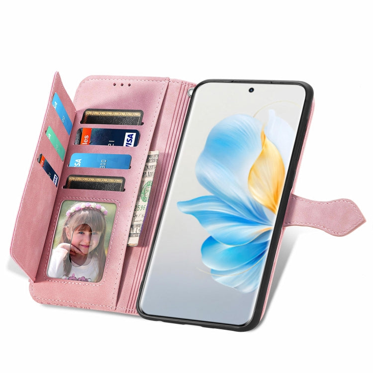 For Honor 100 Embossed Flower Zipper Leather Phone Case(Pink)