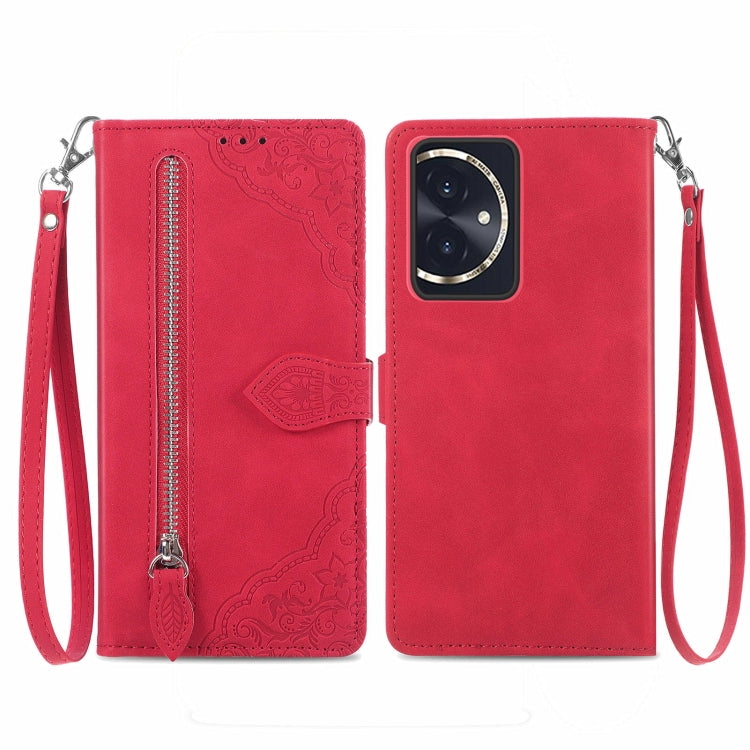 For Honor 100 Embossed Flower Zipper Leather Phone Case(Red)