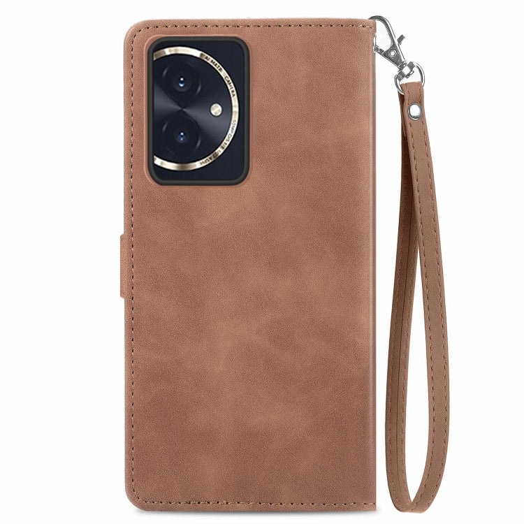 For Honor 100 Embossed Flower Zipper Leather Phone Case(Brown)