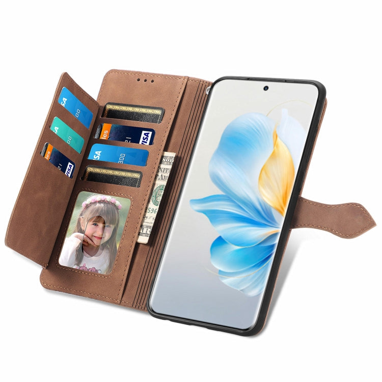 For Honor 100 Embossed Flower Zipper Leather Phone Case(Brown)