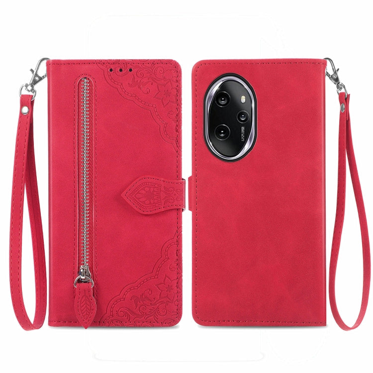 For Honor 100 Pro Embossed Flower Zipper Leather Phone Case(Red)