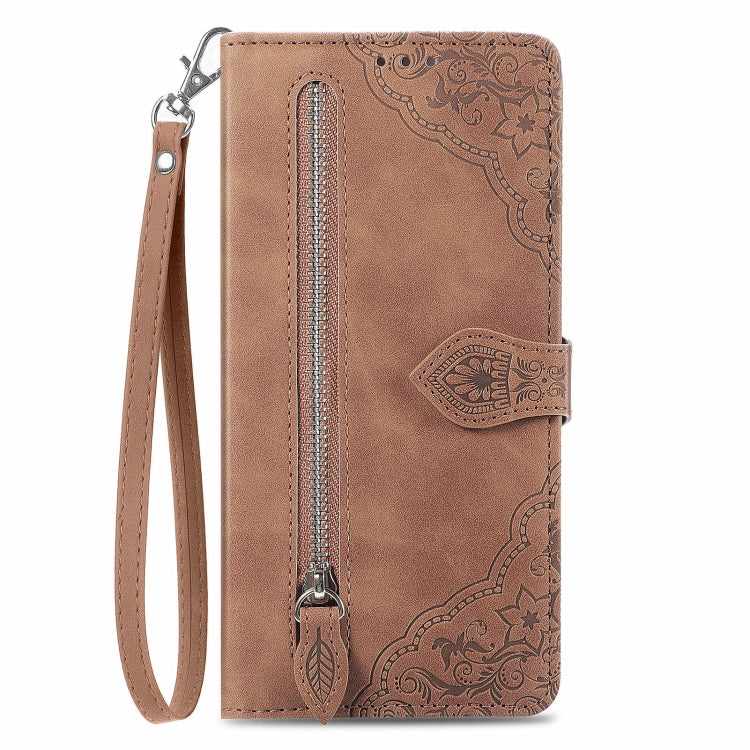For Honor 100 Pro Embossed Flower Zipper Leather Phone Case(Brown)