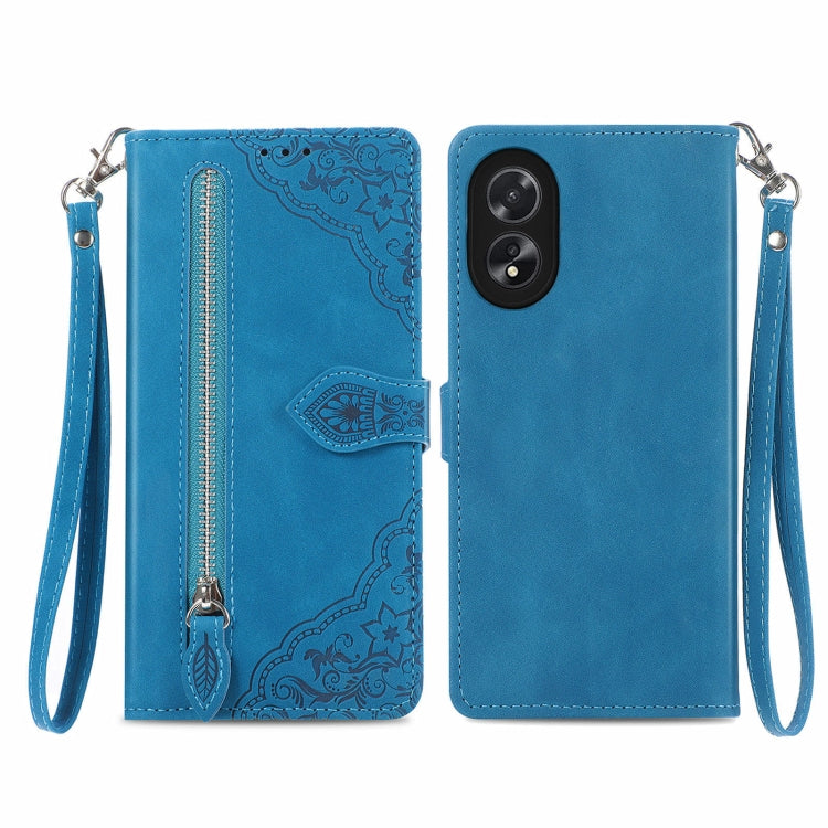 For Honor X5 Plus Embossed Flower Zipper Leather Phone Case(Blue)