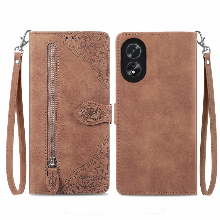 For Honor X5 Plus Embossed Flower Zipper Leather Phone Case(Brown)