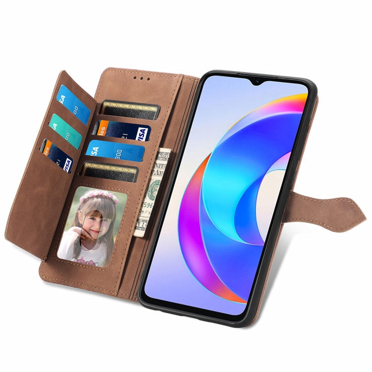 For Honor X5 Plus Embossed Flower Zipper Leather Phone Case(Brown)