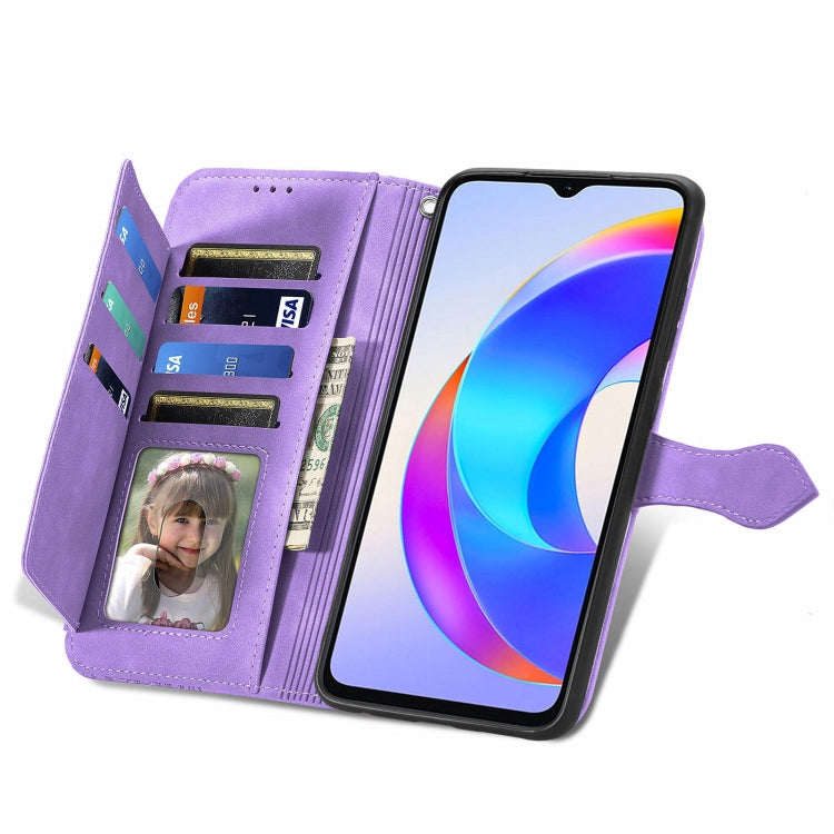 For Honor X5 Plus Embossed Flower Zipper Leather Phone Case(Purple)