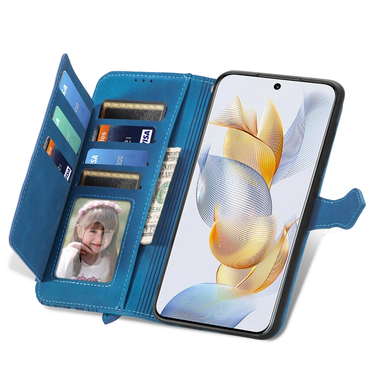 For Honor 90 Embossed Flower Zipper Leather Phone Case(Blue)