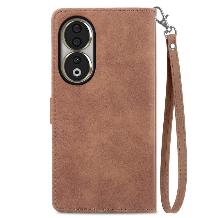 For Honor 90 Embossed Flower Zipper Leather Phone Case(Brown)