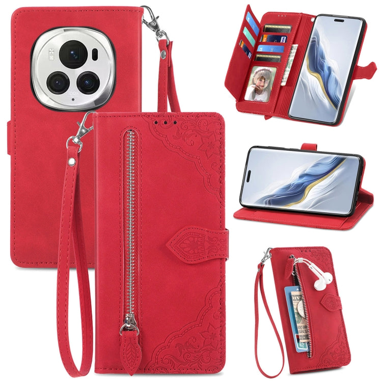 For Honor Magic6 Pro Embossed Flower Zipper Leather Phone Case(Red)