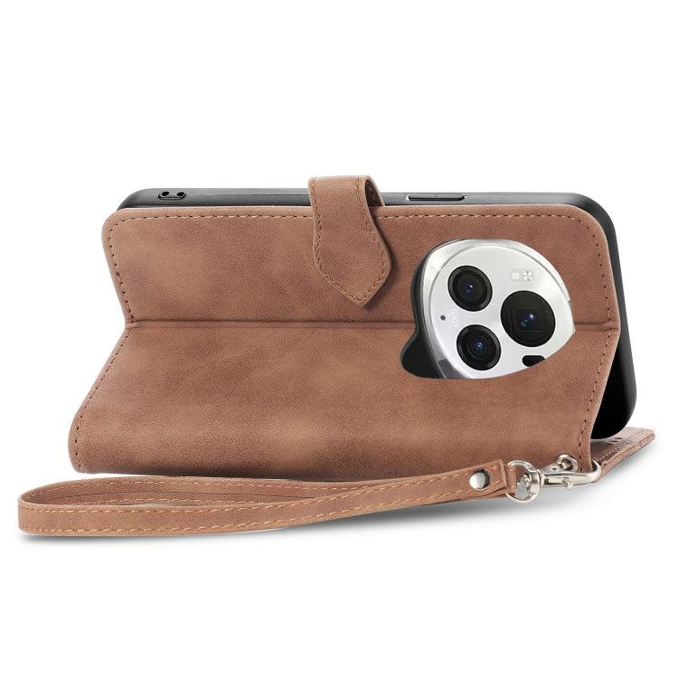 For Honor Magic6 Pro Embossed Flower Zipper Leather Phone Case(Brown)