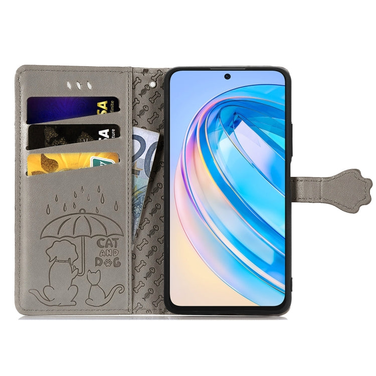 For Honor X6A Cat and Dog Embossed Leather Phone Case(Grey)