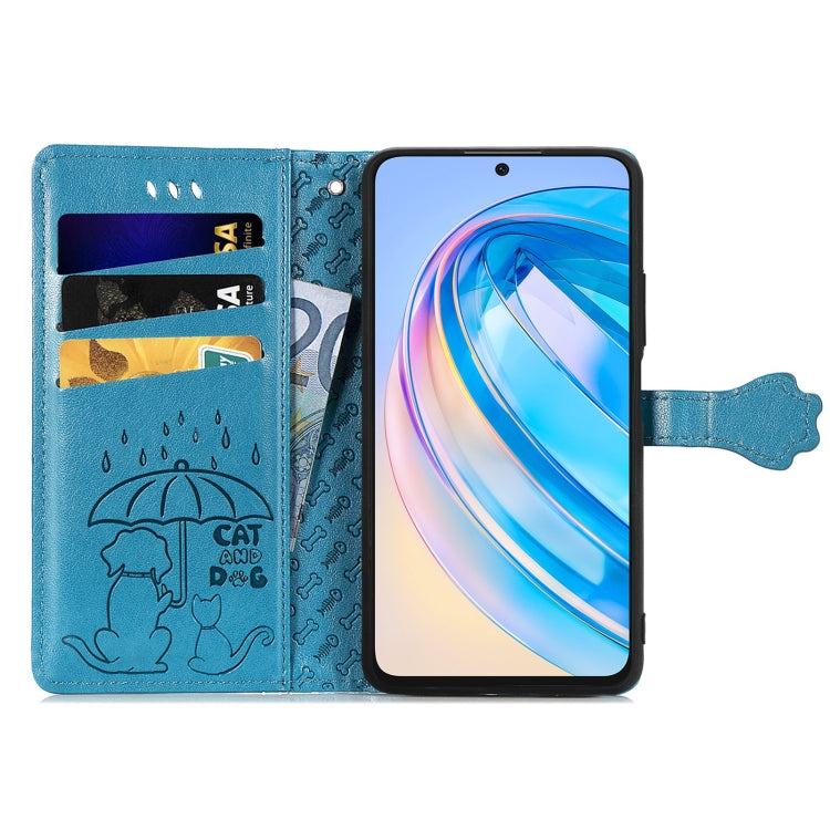 For Honor X6A Cat and Dog Embossed Leather Phone Case(Blue)