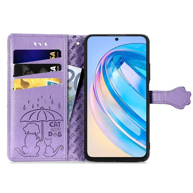 For Honor X6A Cat and Dog Embossed Leather Phone Case(Purple)