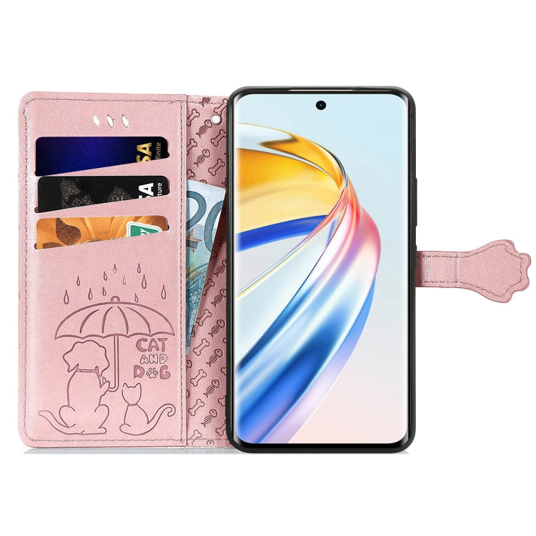 For Honor X9b Cat and Dog Embossed Leather Phone Case(Rose Gold)
