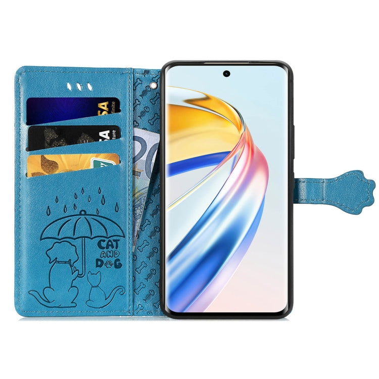 For Honor X9b Cat and Dog Embossed Leather Phone Case(Blue)