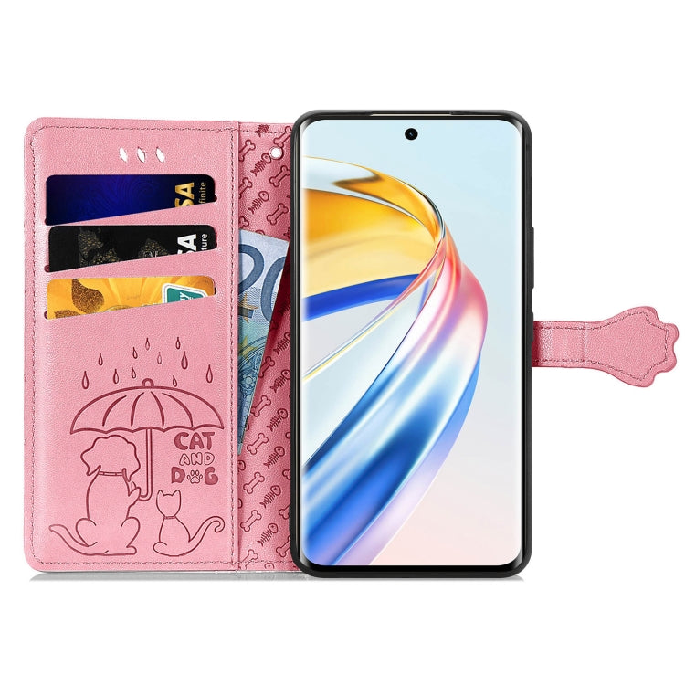 For Honor X9b Cat and Dog Embossed Leather Phone Case(Pink)