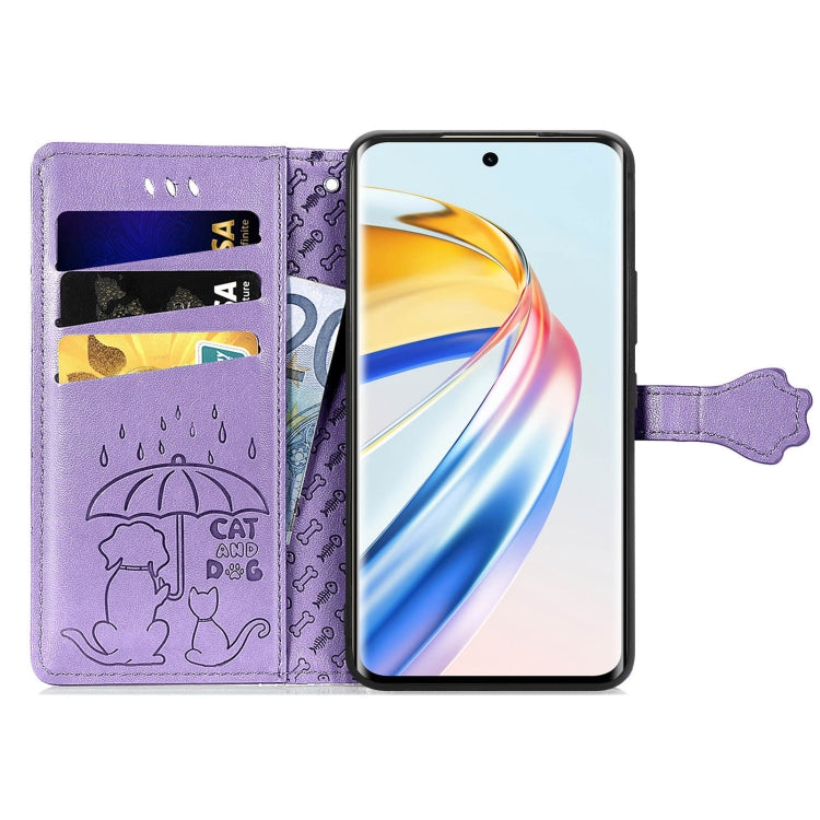 For Honor X9b Cat and Dog Embossed Leather Phone Case(Purple)