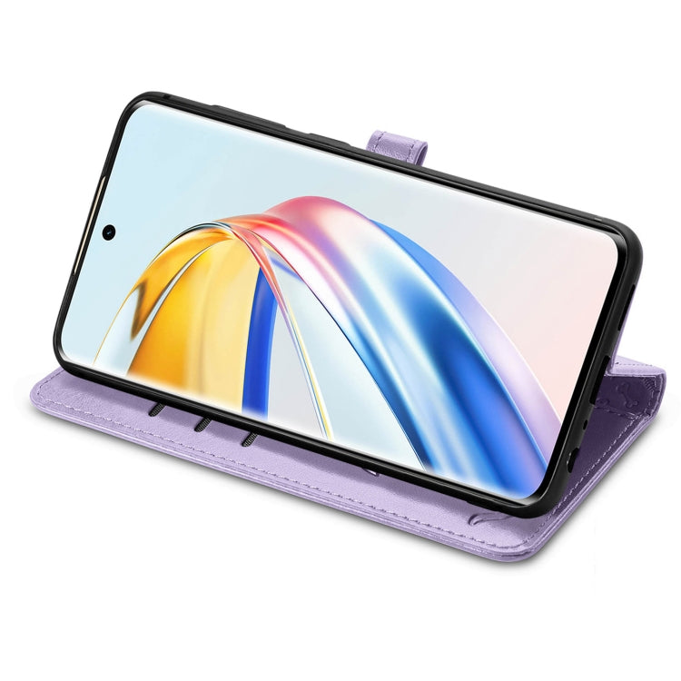 For Honor X9b Cat and Dog Embossed Leather Phone Case(Purple)