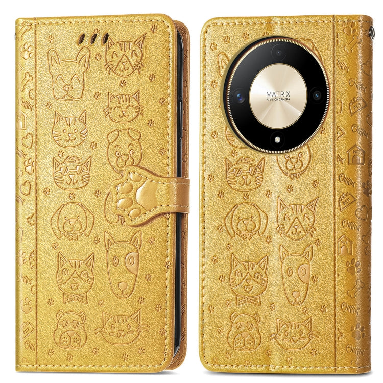 For Honor X9b Cat and Dog Embossed Leather Phone Case(Yellow)