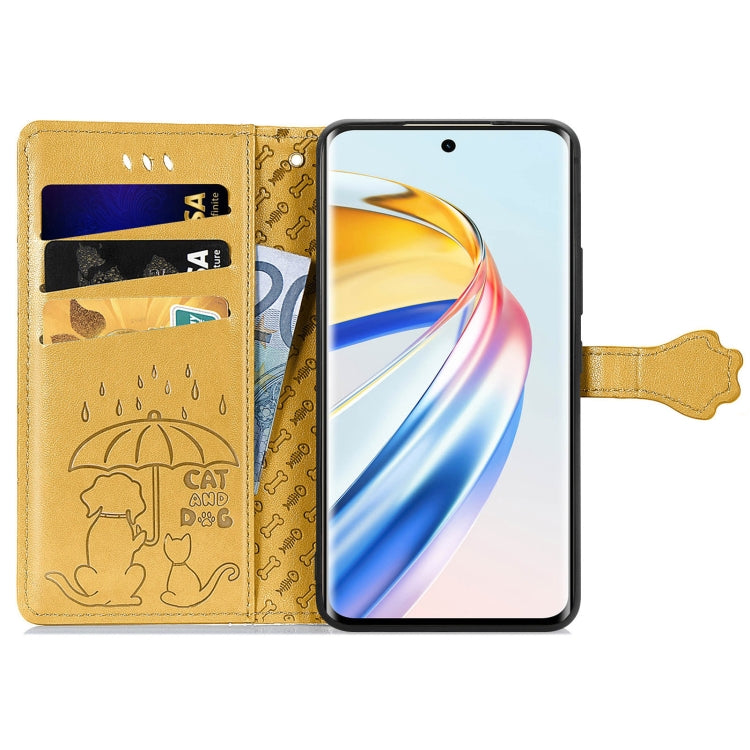 For Honor X9b Cat and Dog Embossed Leather Phone Case(Yellow)