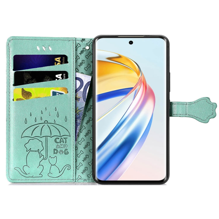 For Honor X9b Cat and Dog Embossed Leather Phone Case(Green)