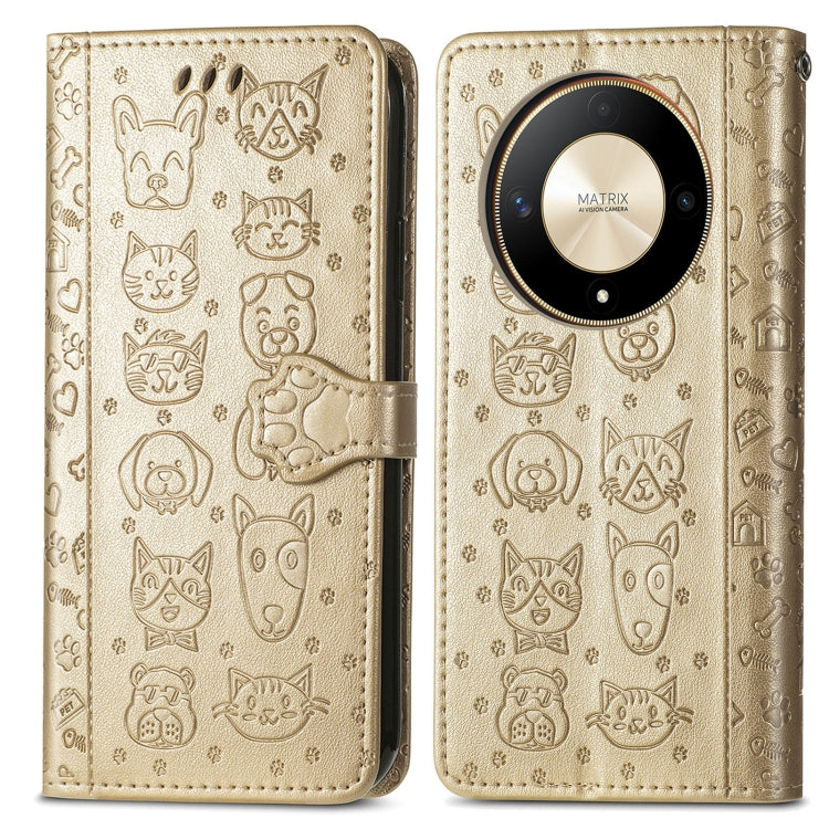 For Honor X9b Cat and Dog Embossed Leather Phone Case(Gold)
