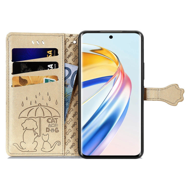 For Honor X9b Cat and Dog Embossed Leather Phone Case(Gold)