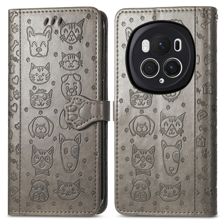 For Honor Magic6 Pro Cat and Dog Embossed Leather Phone Case(Grey)