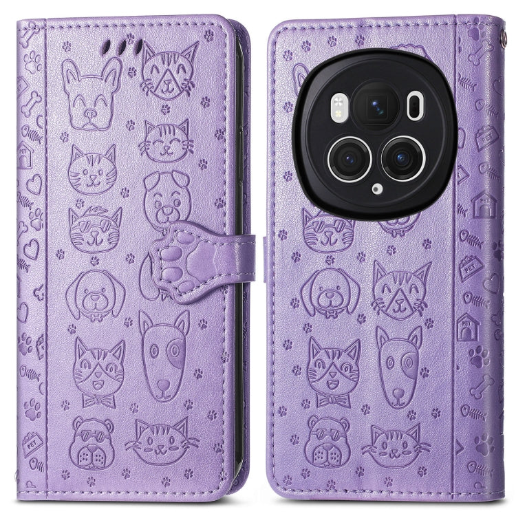 For Honor Magic6 Pro Cat and Dog Embossed Leather Phone Case(Purple)