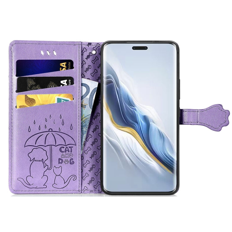 For Honor Magic6 Pro Cat and Dog Embossed Leather Phone Case(Purple)