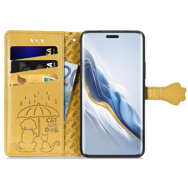 For Honor Magic6 Pro Cat and Dog Embossed Leather Phone Case(Yellow)