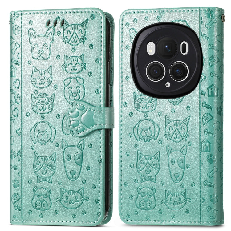 For Honor Magic6 Pro Cat and Dog Embossed Leather Phone Case(Green)