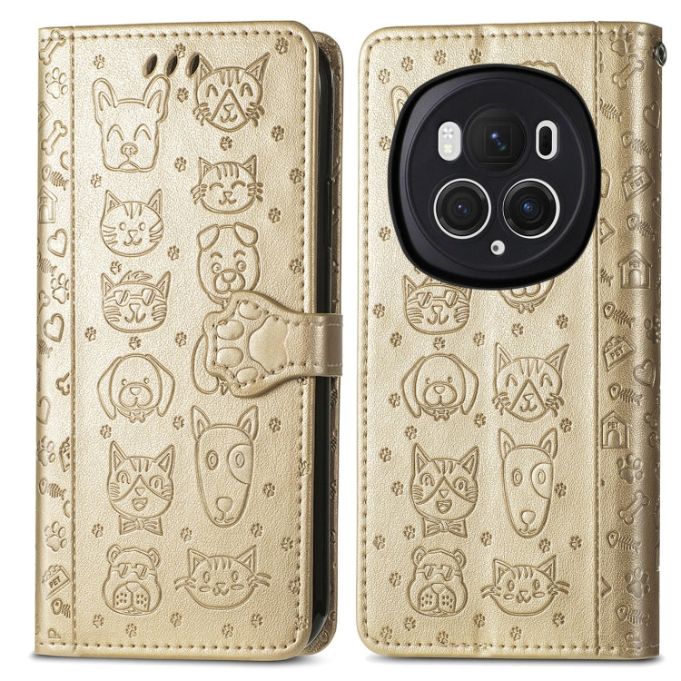 For Honor Magic6 Pro Cat and Dog Embossed Leather Phone Case(Gold)