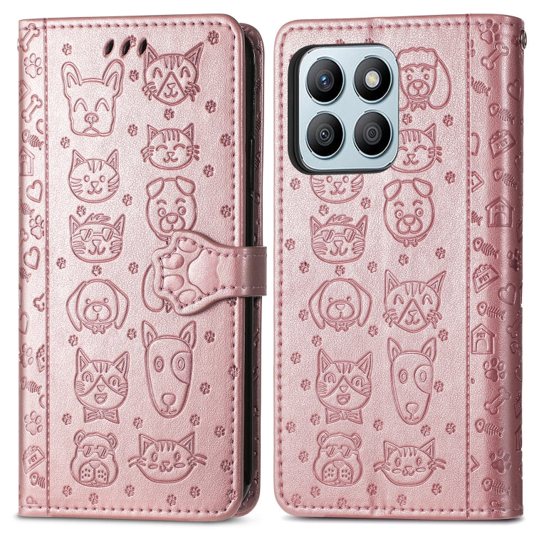 For Honor X8b Cat and Dog Embossed Leather Phone Case(Rose Gold)