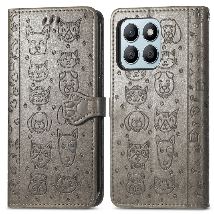 For Honor X8b Cat and Dog Embossed Leather Phone Case(Grey)