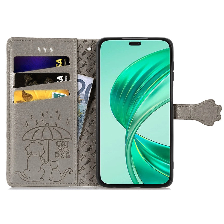 For Honor X8b Cat and Dog Embossed Leather Phone Case(Grey)