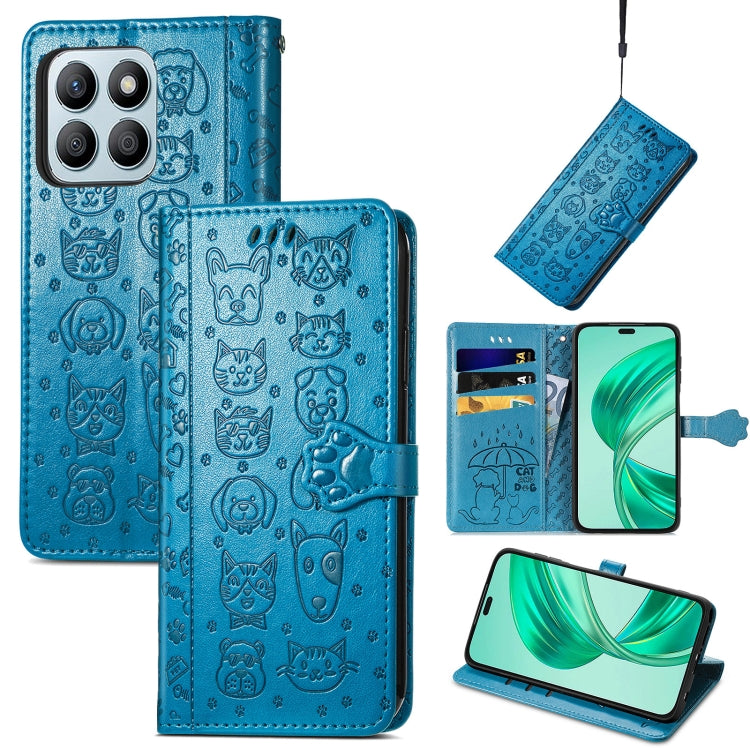 For Honor X8b Cat and Dog Embossed Leather Phone Case(Blue)