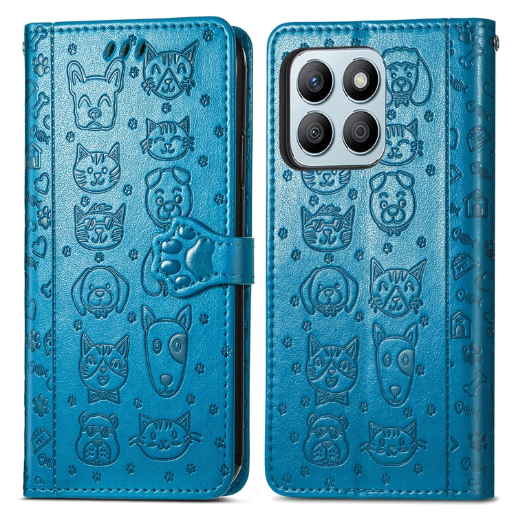 For Honor X8b Cat and Dog Embossed Leather Phone Case(Blue)