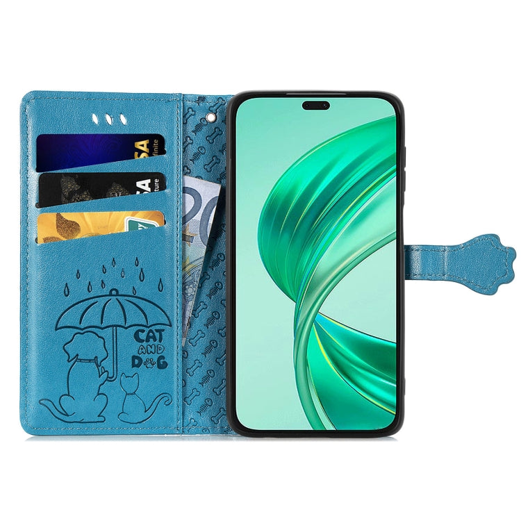 For Honor X8b Cat and Dog Embossed Leather Phone Case(Blue)
