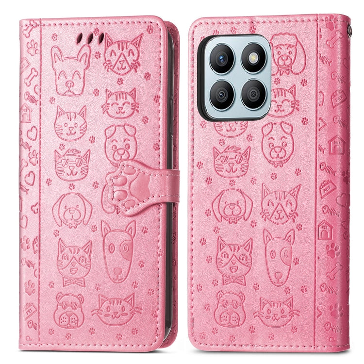 For Honor X8b Cat and Dog Embossed Leather Phone Case(Pink)