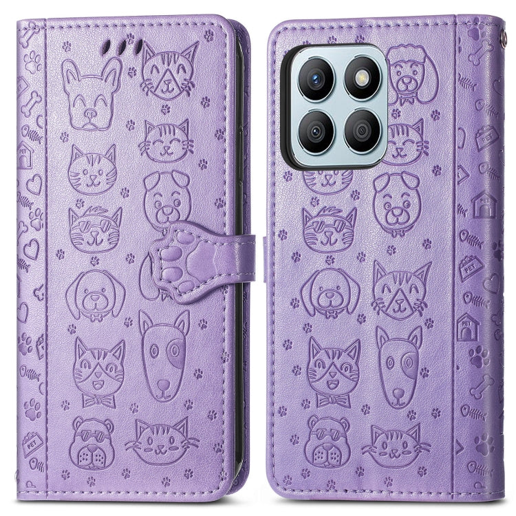 For Honor X8b Cat and Dog Embossed Leather Phone Case(Purple)