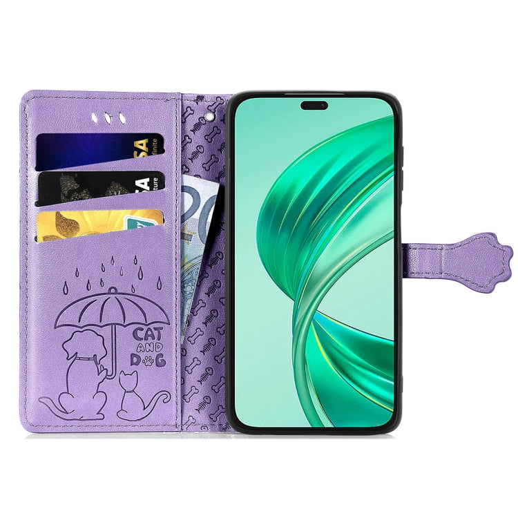 For Honor X8b Cat and Dog Embossed Leather Phone Case(Purple)