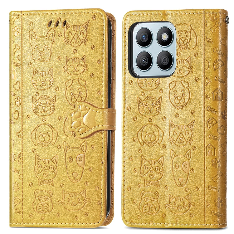 For Honor X8b Cat and Dog Embossed Leather Phone Case(Yellow)